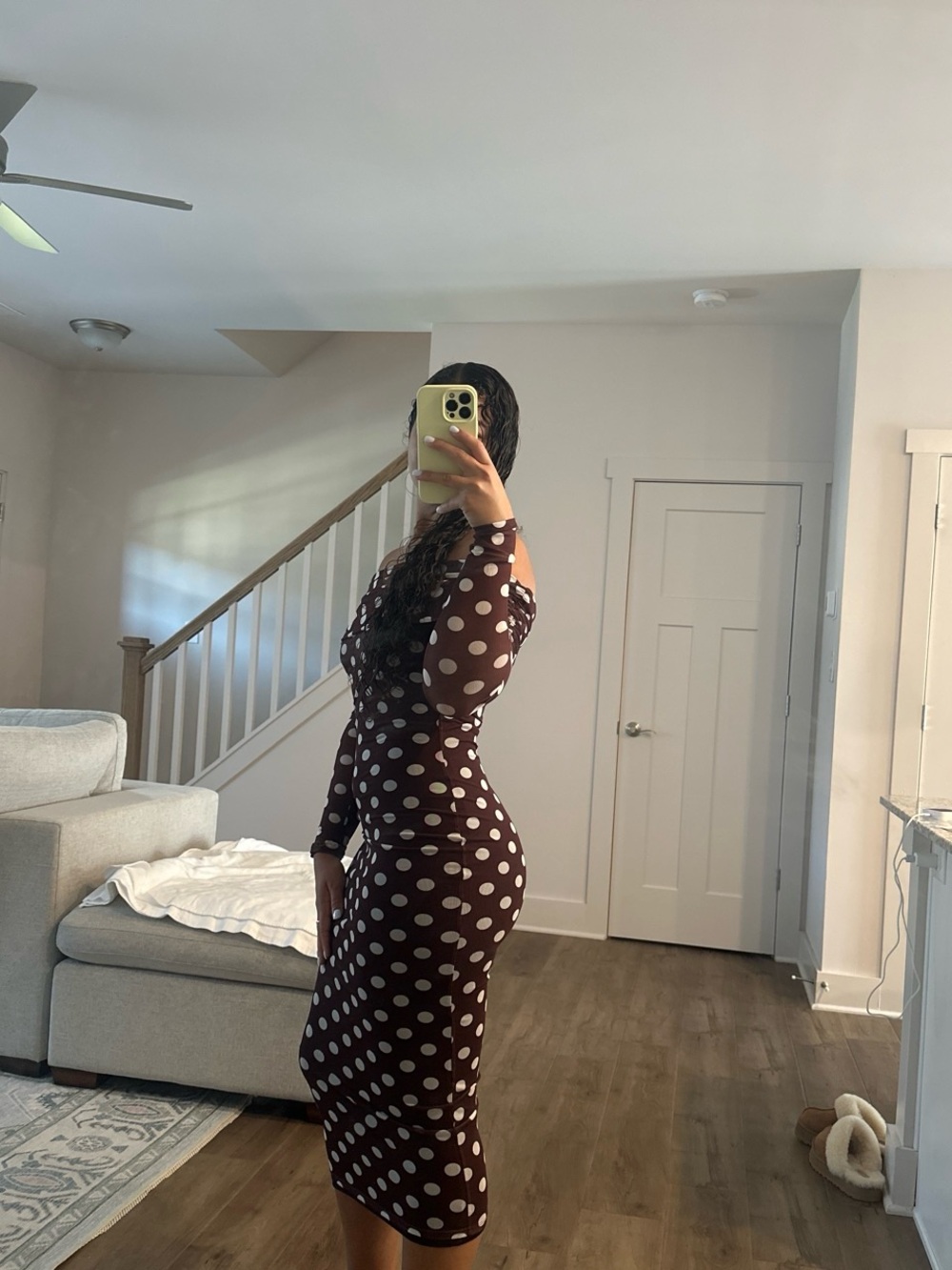 Brown Polka Dot Off-Shoulder Midi Dress